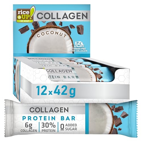 RiceUP! Barres protéinées Eat Smart au collagène - Saveur caramel et caramel, 12 x 42 g | 6000 mg de peptides de collagène (type I+III), 30% de protéines, sans sucre (12 x 42g, Noix de coco)