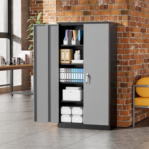 Image of Greenvelly Metal Storage Cabinet, 72 inch Locking Metal Garage Storage Cabinet with Doors and 4 Adjustable Shelves, Lockable Steel Cabinet for Home Office, Garage, Shop, School (Black Grey 36 inch W x 18 inch D)