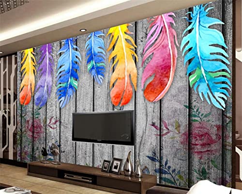 ZEALPLANT Carta da Parati autoadesiva in PVC 3D Soggiorno murale Pannello di Legno Piume Colorate Sfondo Arte murale Adesivi Camera da Letto Arte murale Decorativa