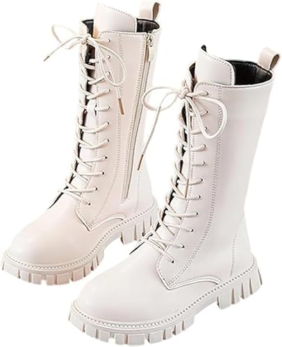 Combat Boots for Girls Lace Up Riding Boots Mid Calf Fashion Waterproof Non Slip Side Zipper Punk Goth Boot 4-12 Years Fall Winter Spring