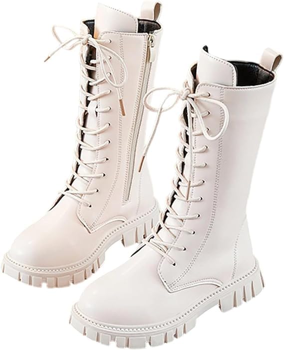 Girls Lace Up Riding Boots Mid Calf Combat Boots Fashion Waterproof Non Slip Outsole Side Zipper Punk Goth Boot