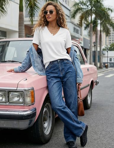 Aottori Ladies Short Sleeves Basic Tops Women V Neck T Shirts Tee Summer Loose Fit Stretch Soft Plain Undershirt Casual Tunic Top UK White M