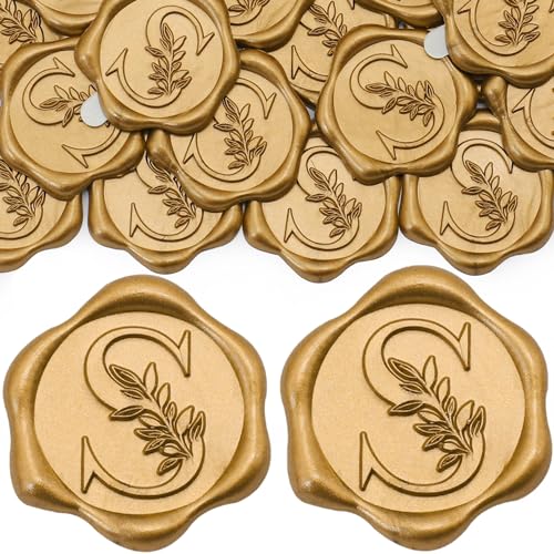 SWANGSA 100 Pack Letter S Wax Seal Stickers - Antique Gold Botanical Leaves Initial Alphabet Self-Adhesive Wax Stickers for Wedding Party Invitation Envelope Seals