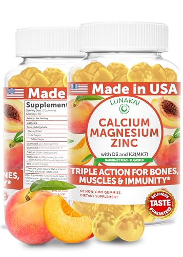 Lunakai USA Manufactured Calcium Magnesium Zinc Gummies with Vitamin D3 & K2 &ndash; Delicious 5-in-1...
