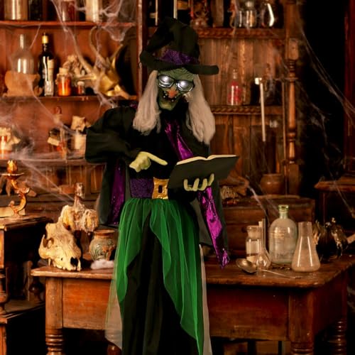 Haunted Hill Farm Life-Size Scary Talking Witch Holding Spell Book, Halloween Animatronic with Touch Activated Lights and Sound, Battery Operated Indoor or Covered Outdoor Halloween Decorations