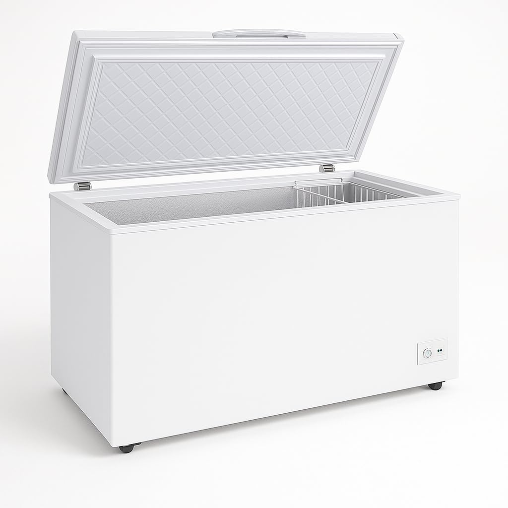 Congélateur Coffre 550L (488L Net) – Température -18 à -22°C – Porte Pleine Battante avec Serrure – LED Intérieur – Thermostat Réglable – Roulettes & Pieds Réglables – 230V – Blanc