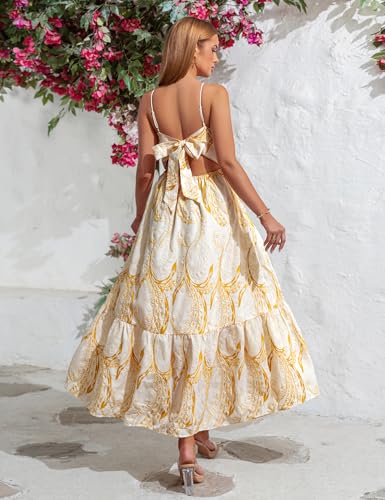 Image of EYWOL Women Plus Size Floral Dress, Summer Beach Yellow Sundress, Embroidered Halter Open Back Bow, Flowy Tiered for Vacation