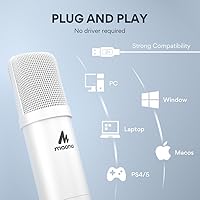 Vista 4 de MAONO Micrófono USB, 192 kHz/24 bits Plug & Play PC Podcast condensador cardioide metal kit de micrófono con chip de sonido profesional para Blanco