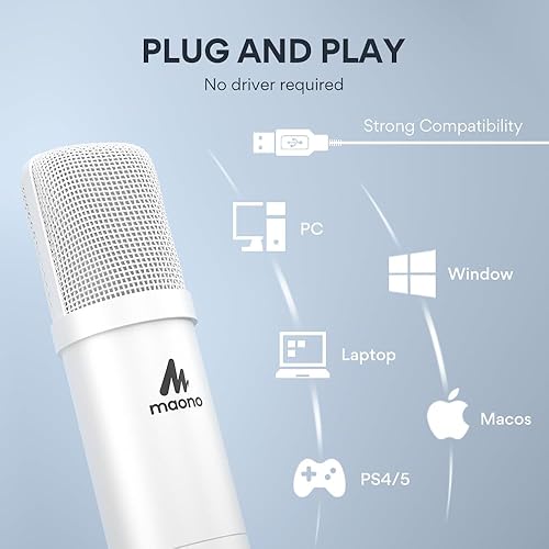Miniatura 4 de MAONO Micrófono USB, 192 kHz24 bits Plug & Play PC Podcast condensador cardioide metal kit de micrófono con chip de sonido profesional para