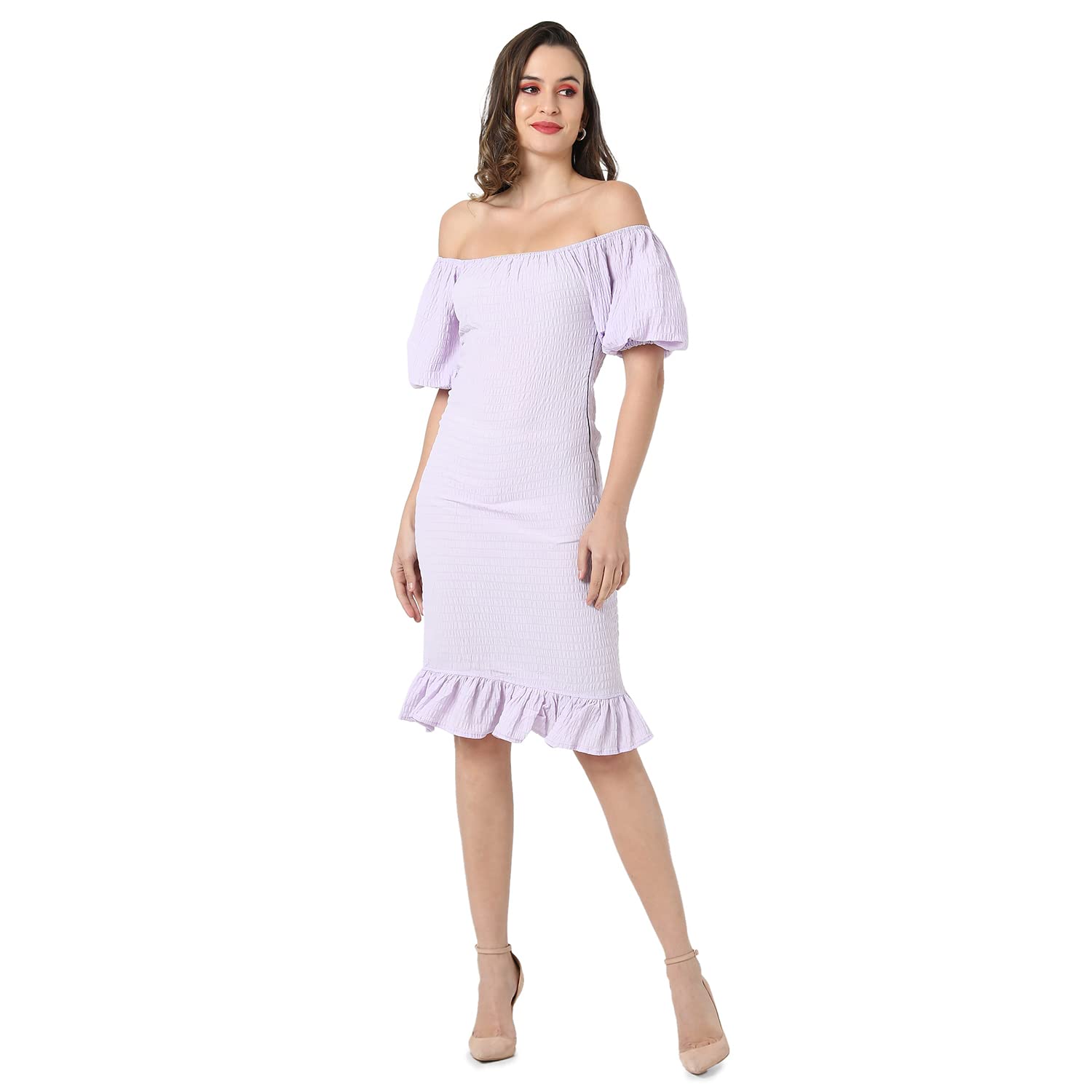 Campus Sutra Women's Lilac Puff-Sleeved Creased Dress for Casual Wear | Off-Shoulder | Short Sleeve | Pull On Closure | Dress Crafted with Comfort Fit for Everyday Wear in lavender