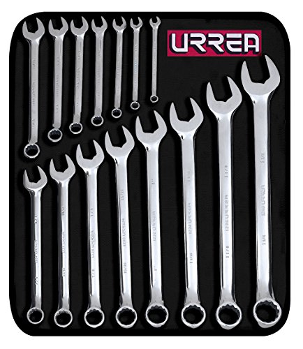 Urrea 12-Point Combination Wrench Set - 15-Piece (5/16" - 1-1/4") Mechanics Tool Kit With Roll-Up Storage Pouch & Fully Polished Nickel-Chrome Finish - 1200F #TOP10