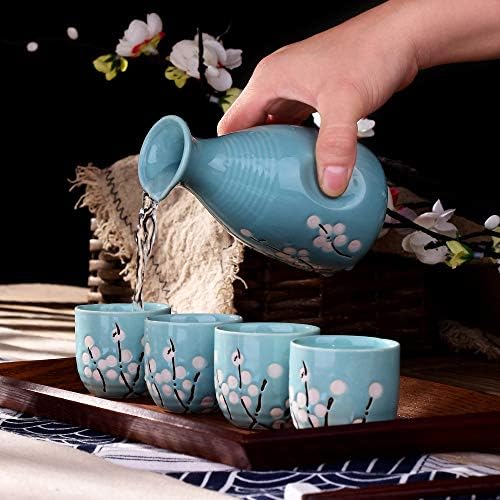 Panbado Sake Set Japanese Sake Cup, Hand Painted Porcelain Pottery Traditional Ceramic Crafts Saki Cup Set of 5, with 1 Sake Pot and 4 Sake Cup, Blue