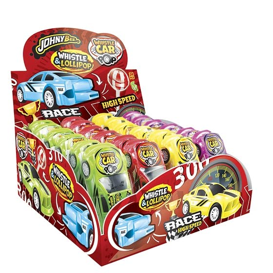 Joygum Johnny Bee Whistle Car Lollipop 24 unità ; Gustoso lecca lecca. In macchinina Lecca lecca al gusto fragola e fischietto
