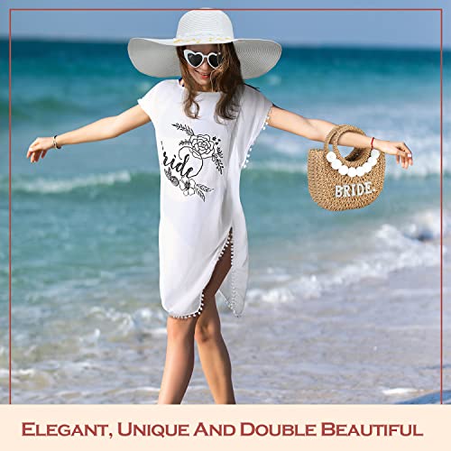 Hillban 4 Pcs Bride Gifts Set Bridal Shower Gifts Bride Sun Hat Pearl Letters Straw Bag Beach Swimsuit Sunglasses for Wedding Engagement Bachelorette Party2