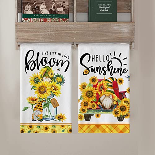 Hexagram Sunflower Kitchen Towels Sets Of 4, Sunflower Dish Towels, Gnome Bee Sunflower Kitchen Decor 16X23.5 Inch, Hello Sunshine Season Hand Towels, Tea Towels New Home Housewarming Gifts #TOP3