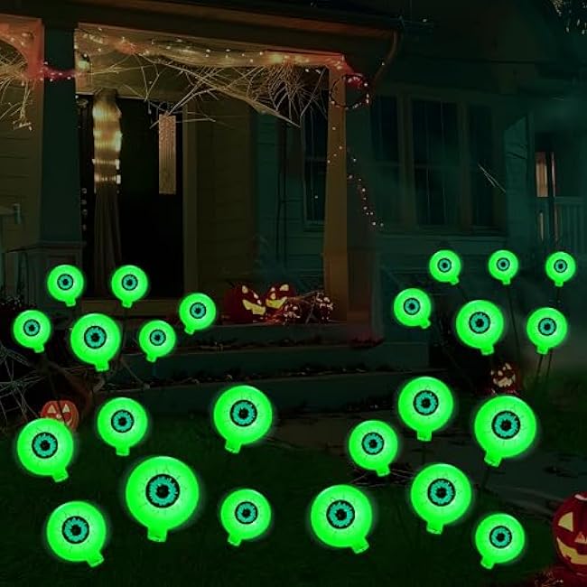 JOYIN Halloween Decorations Outdoor Solar Scary Eyeball Lights, 4 Pcs 24LEDs Green Pathway Yard Stakes, Waterproof Firefly Lights for Halloween Graveyard Yard Garden Patio Walkway Party