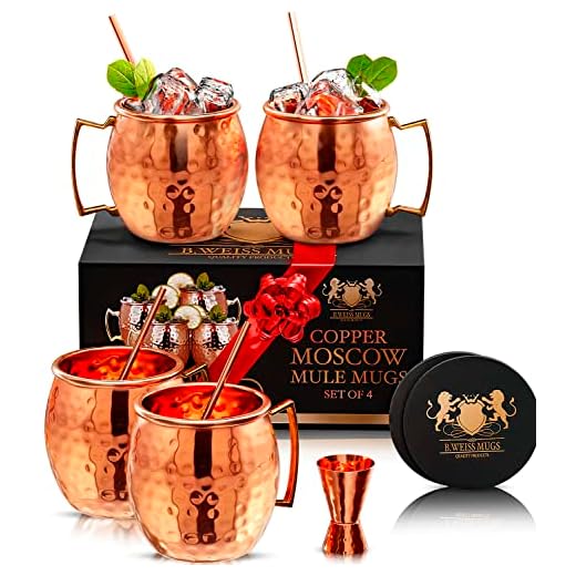 Moscow Mule Copper Mugs Set Of 4 By B.WEISS 100% Pure Copper +Bonus: 4 copper straws+4 coasters 1 shot mugHandmade Hammered Copper Cups