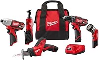 Vista 1 de Milwaukee 2498-25 M12 12V Cordless 5-Tool Combo Kit: 2407-20 3/8 in.Drill/Driver + 2462-20 1/4 in. Hex Impact Driver+2420-20 Hackzall Recip
