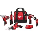 Milwaukee 2498-25 M12 12V Cordless 5-Tool Combo Kit: 2407-20 3/8 in.Drill/Driver + 2462-20 1/4 in. Hex Impact Driver+2420-20 Hackzall Recip Saw+2457-20 3/8 in.Ratchet+49-24-0146 LED Worklight,YKGAV
