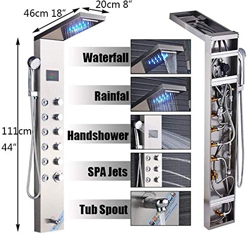 Panel de ducha de acero inoxidable con cabezal lluvia y cascada, pantalla LED, salida para bañera baja y duchador de mano miniatura 3