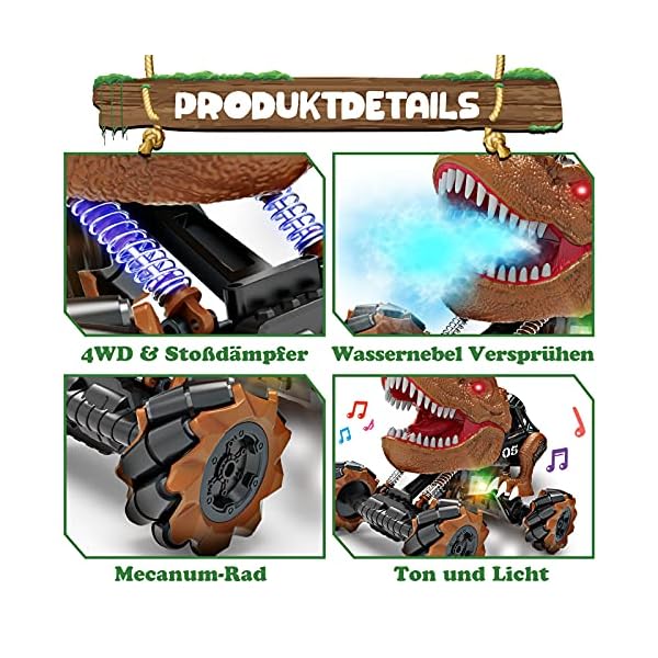 REMOKING RC Dinosaurier Auto Spielzeug, 2.4GHz 4WD High Speed RC Off-Road Auto, Dinosaurier Auto Spielzeug mit Drift-Stunt & Musik & Sprüh Wassernebel, RC Auto Spielzeug für Kinder Jugendlichen – Bild 3