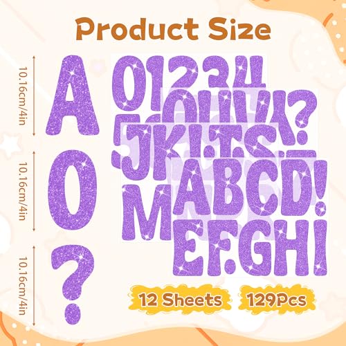 Image of Bulletin Board Letters 129 PCS Glitter Letter Stickers Large 4 Inch, Purple | 12 Sheets,Alphabet Number Stickers,Self-Adhesive,Sticker Letters for Poster Board,Classroom,Display,Mailbox,Craft,Party Decor