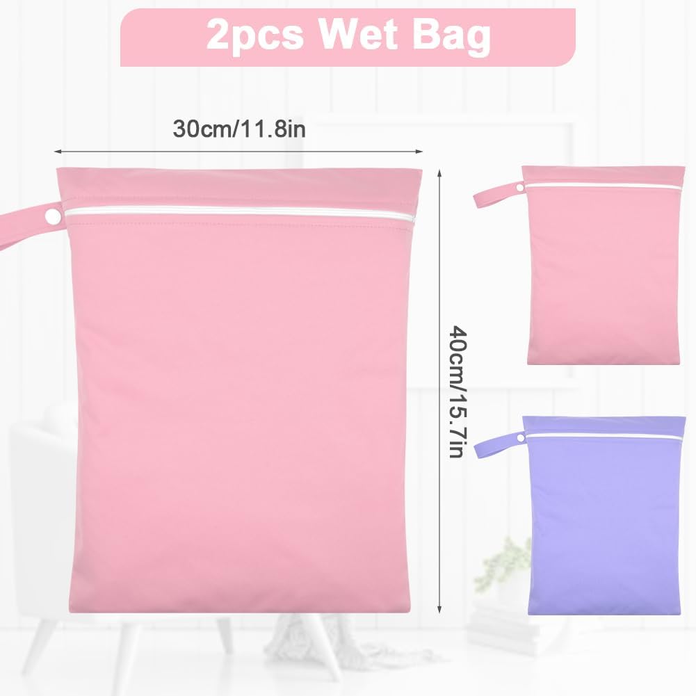 2PCS Wet Bags, Reusable Cloth Diaper Bags with Handle and Zipper, Lightweight Waterproof Travel Laundry Bag, Washable Wet Dry Bag for Baby Items Travel Beach Swimming Gym Camping(Pink&Purple)