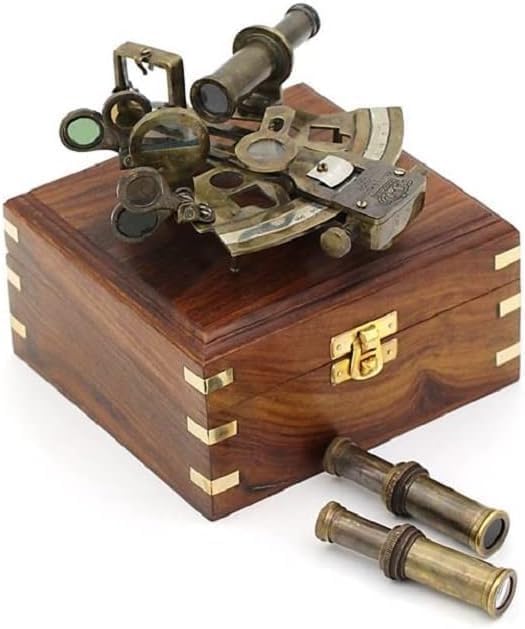 Antique Brass Nautical Sextant for Celestial Navigation, Two Extra Sighting Telescope with a Rose Wooden Box, Vintage Style Sextant for Wedding & Graduation Gifts (Kelvin Hughes London 1)