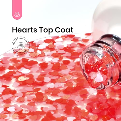 Image of Beetles Heart Glitter Top Coat Gel Polish, 15ml Clear Shine Pink & Red Heart Shape Gel, Soak Off UV No Wipe Gel Top Coat Sparkle Nail Gift for Women