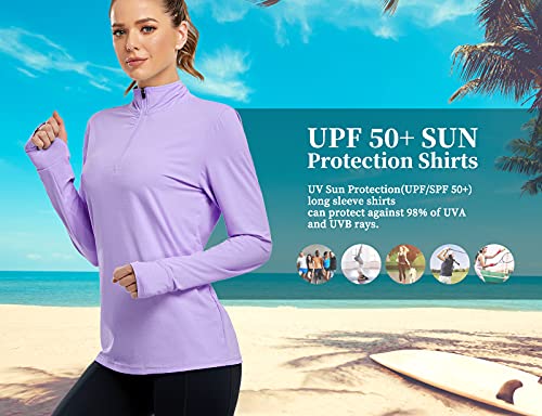 Tanst Sky Spf Long Sleeve Shirt Women, Misses Dry Fit Running Football Half Zip Pullover Golf Tops For Leggings Thumbhole Winter Training Fitness Active Wear Workout Hiking Clothes Purple Xl #TOP4
