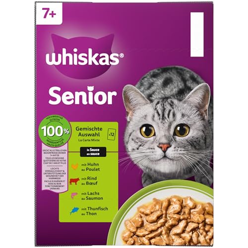 Whiskas Senior 7+ Katzennassfutter Gemischte Auswahl in Sauce, 48 Portionsbeutel, 12x85g (4er Pack) – Hochwertiges Katzenfutter nass, für Katzen ab 7 Jahren und älter