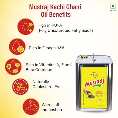 Image of Mustraj Kachi Ghani Mustard Oil 15Kg Tin | Premium Sarson Ka Tel | Cold Pressed Traditional Oil | High Pungency, Rich Aroma | Ideal for Cooking, Frying, Tempering & Pickling | 100% Pure Edible Oil