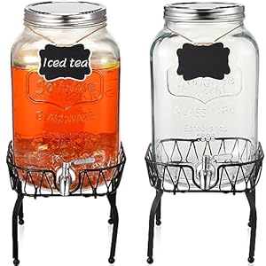 2 Packs 2 Gallon Glass Drink Dispenser with Stand, Glass Beverage Dispenser Glass Water Dispenser Juice Dispenser Drink Containers for Parties with Stainless Steel Spigot and Hanging Chalkboard