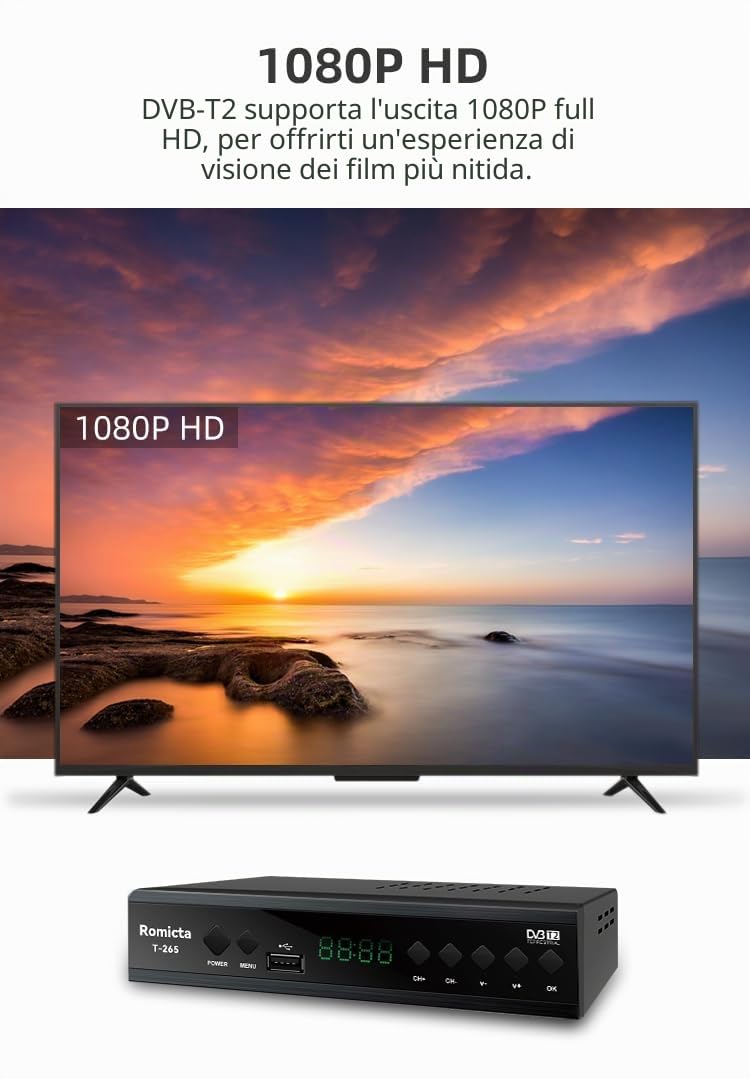 Romicta Decoder Digitale Terrestre 2026, Decoder DVB-T2/C 1080P H.265 HEVC 10Bit, Ricevitore Digitale Terrestre USB PVR Youtube LCN HDMI SCART Lettore Multimediale, Telecomando Universale 2in1