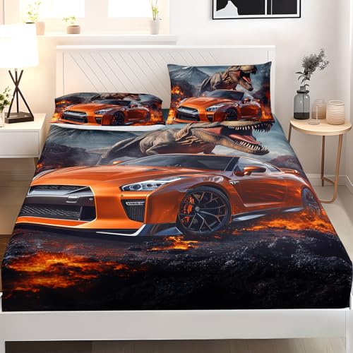 AILONEN Juego de ropa de cama para niños, diseño de coche de carreras y dinosaurios, tamaño Queen, 3 piezas, sábana bajera suave con 2 fundas de almohada