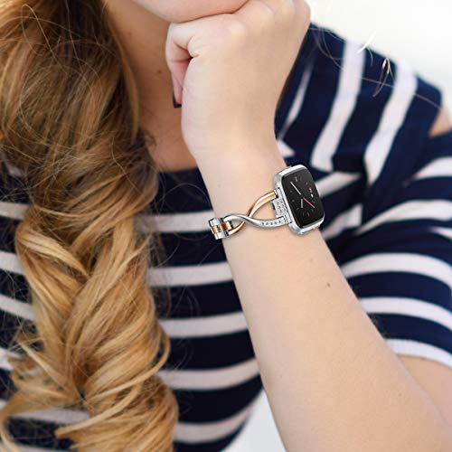 Toyouths Bling Bracelet Compatible With Fitbit Versa/Versa 2 Bands For Women Stainless Steel Wristbands Replacement Versa Lite Edition/Versa Se Accessories Dressy Metal Strap Silver+Dark Rose Gold #TOP5
