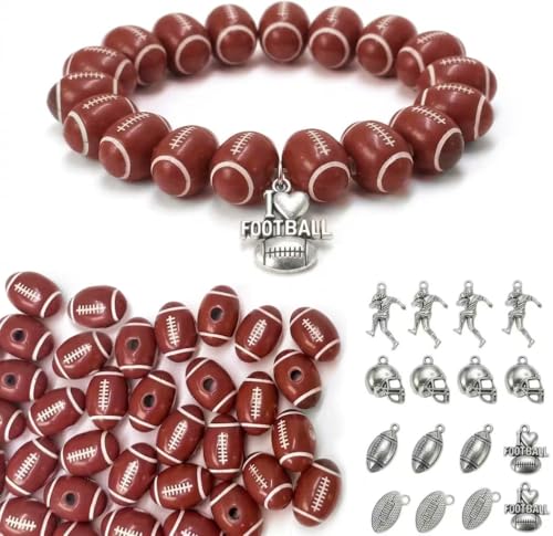 MAZVYLF 150pcs Football Beads & Sports Charms Set - 100pcs 18mm Acrylic Football Beads and 50pcs Silver Sport Charms for DIY Bracelet Necklace Keychain Making Jewelry Supplies Kit