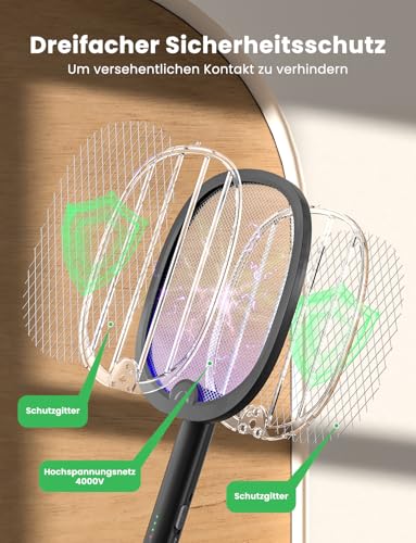 YISSVIC Elektrische Fliegenklatsche Extra Stark 4000V 1800mAh 2 in 1 USB-C wiederaufladbar Klappbar Elektro Mückenklatsche mit UV-Licht Fall Schwarz 1 STK.