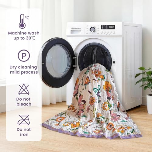 Image of MSGKV Boho Throw Blanket 90 inchx108 inch 100% Cotton Floral Blanket for Bed