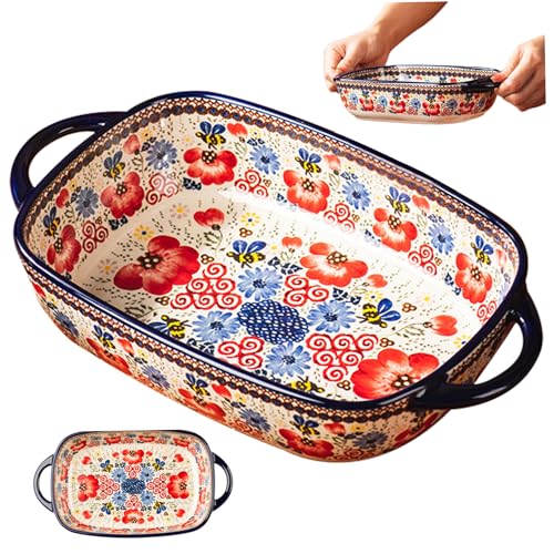 Bandeja de cerámica para hornear, cacerola rectangular con asas dobles, patrón floral hecho a mano para hornear, servir y asar