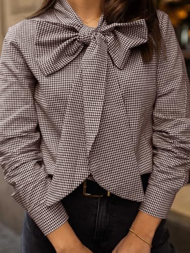 Cicy Bell Womens Plaid Shirts Bow Tied Neck Button Down Long Sleeve Casual Dressy Blouse Tops3