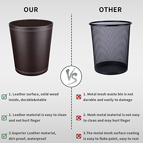 Image of GORESE Pu Leather Trash Can for Bedroom, 2.6 Gallon Wastebasket for Office, Small Bathroom Garbage Cans for Home Decorative, Round Waste Basket Bin for Dorm Kitchen Brown