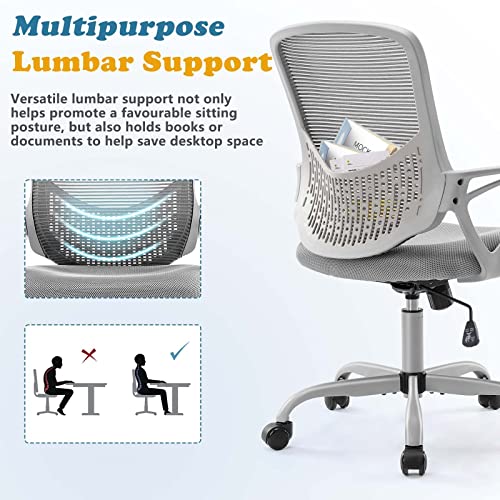 Ergonomic Office Chair - Home Desk Mesh Chair with Fixed Armrest, Executive Computer Chair with Soft Foam Seat Cushion and Lumbar Support, Grey by JHK - Image 4