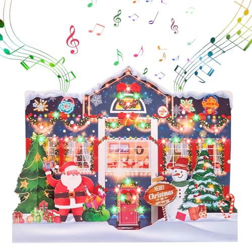 MZD8391 3D Pop Up Christmas Cards with Music and Lights, Animated Christmas Gift Card, Playing 3 Songs with 3 Matching Lights Blinking Modes (Envelope Included)