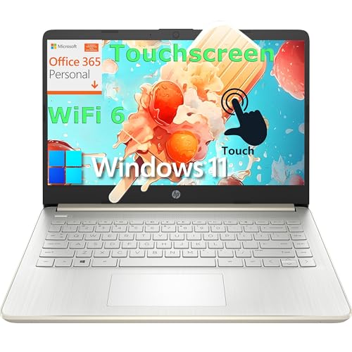 HP Touchscreen Laptop Computer for Home Student Study, 1-Year Office 365, 4GB DDR4 RAM, 64GB eMMC, Intel Processor, 14 inch Display, WiFi 6, Bluetooth, Type-C, Pale Gold, Windows 11 Home S