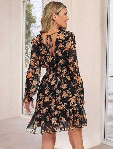 Image of Prettywear Wedding Guest Dresses for Women 2025 Spring Summer Fall Floral Chiffon Wrap Neck Flowy Mini Long Sleeve Dress
