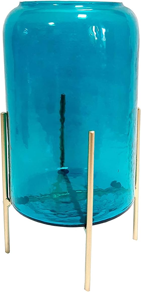 CURIO CRAFTS Glass Hammered Cylinder Vase with Stand (17 X 17 X 30.5 cm, Teal)