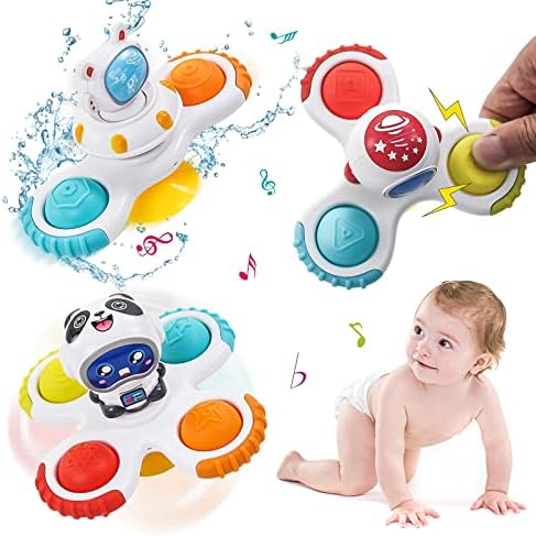 3Pcs Suction Cup Spinner Toys for Baby 12-18 Months, Infant Travel Spinning Top Toys Sensory Toys Baby Bath Toy Age 1 2 3, High Chair Toys for Toddlers Baby Girls Boys Gifts (Space 02)