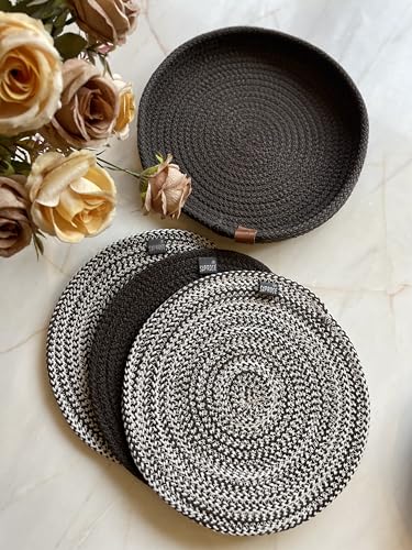 Image of Retro Polypropylene 3 Pc Round Trivet with Basket Holder | Braided Pot MAT, Side Table Mat, Machine Washable Small Place Mat for Casserole for Dining Table (9 inch Dia)