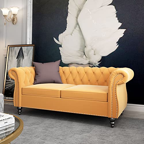 Image of ORRD Chesterfield Loveseat, Modern Velvet Sofa Tufted Couch 2 Seater with Scroll Arms and Nailhead for Living Room, Bedroom, Office, Apartment (Mango)